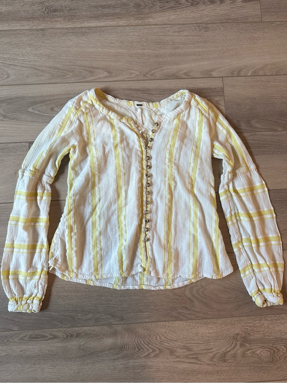 Free People White and Yellow Striped Button-Up Peasant Blouse